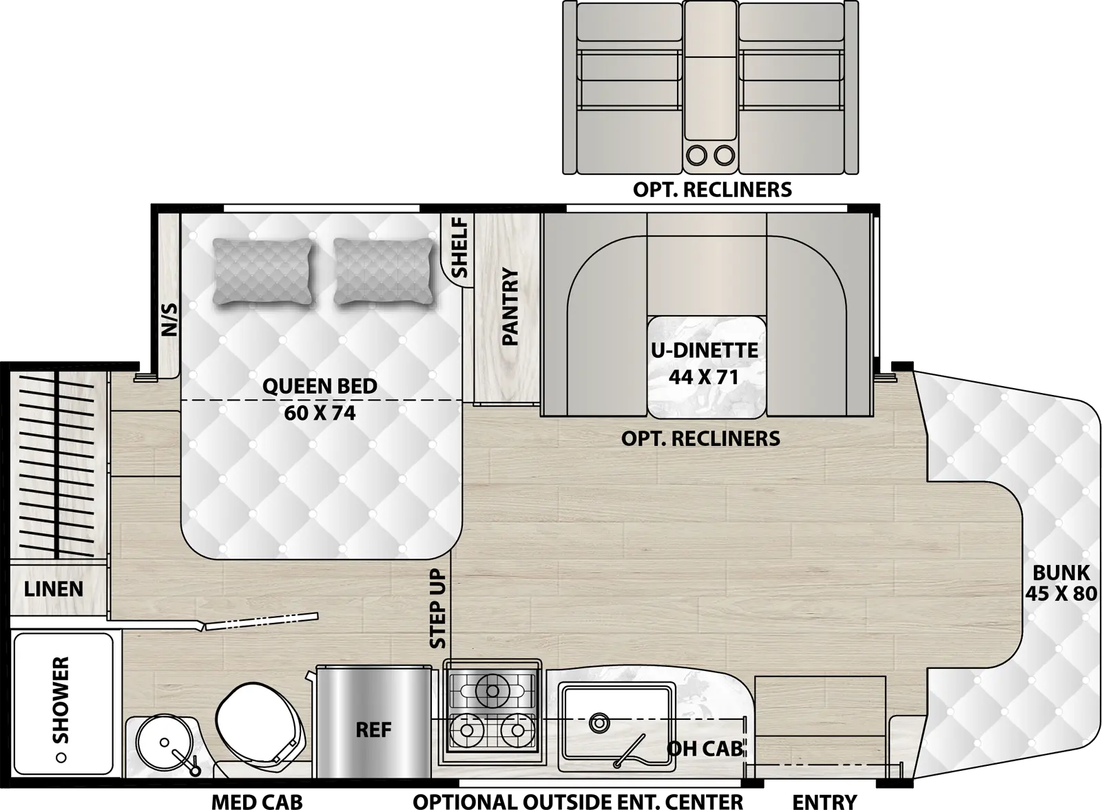 The Prism 24FSE SELECT has 1 slideout located on the off-door side and 1 entry door. Interior layout from front to back; front 45 inch by 80 inch bunk; door side kitchen with stovetop with microwave, overhead cabinets, single sink, and refrigerator; off-door  44 inch by 71 inch U-dinette, next to slide out entertainment center and pantry; step up; rear off-door side 60 inch by 74 inch foot facing full bed with night stand and shelf; rear door side bathroom with shower, sink, toilet, medicine cabinet and linen. Optional Exterior door side entertainment center; optional recliners in place of dinette.